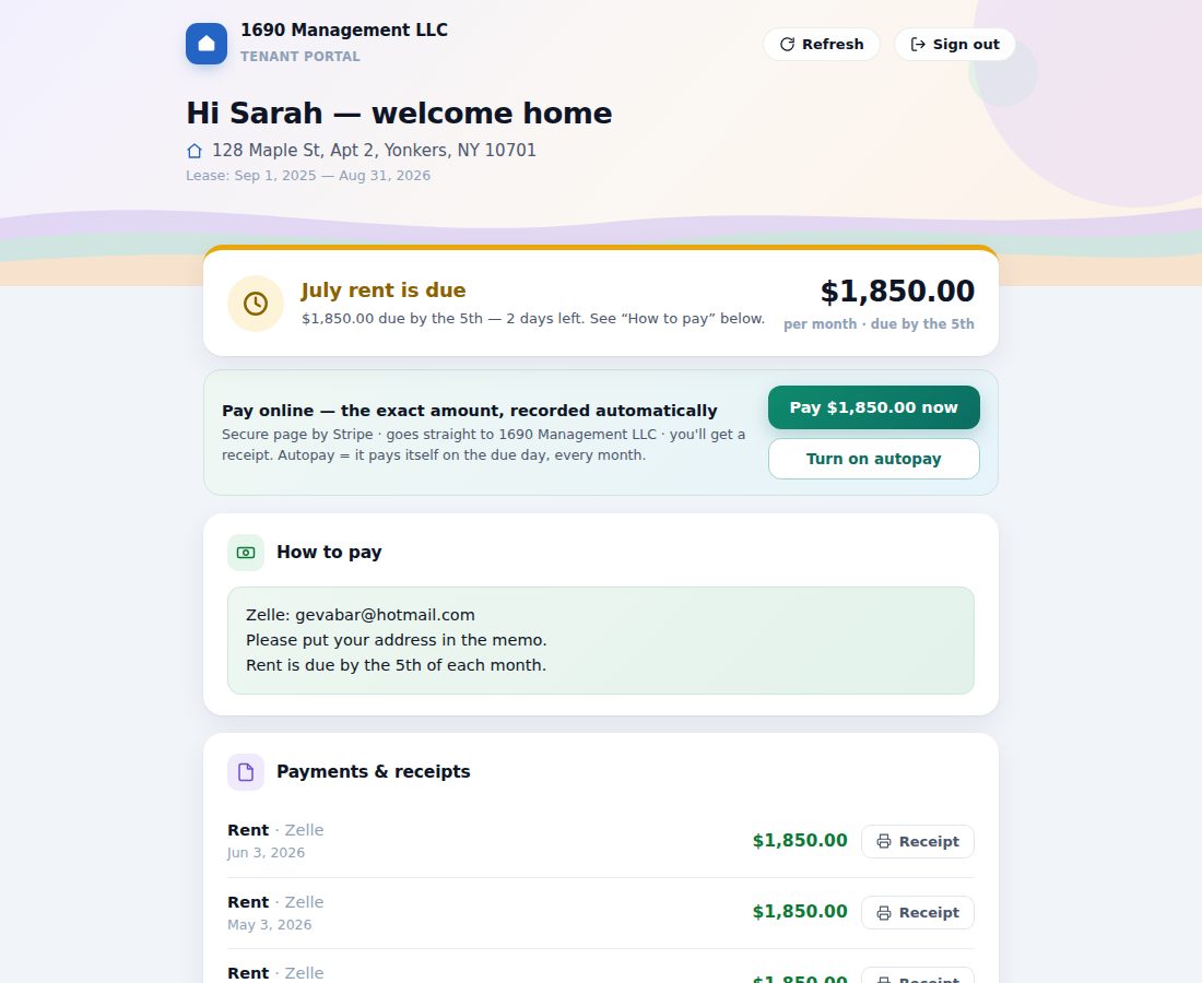 The tenant portal with rent due, the Pay online button, receipts and how to pay