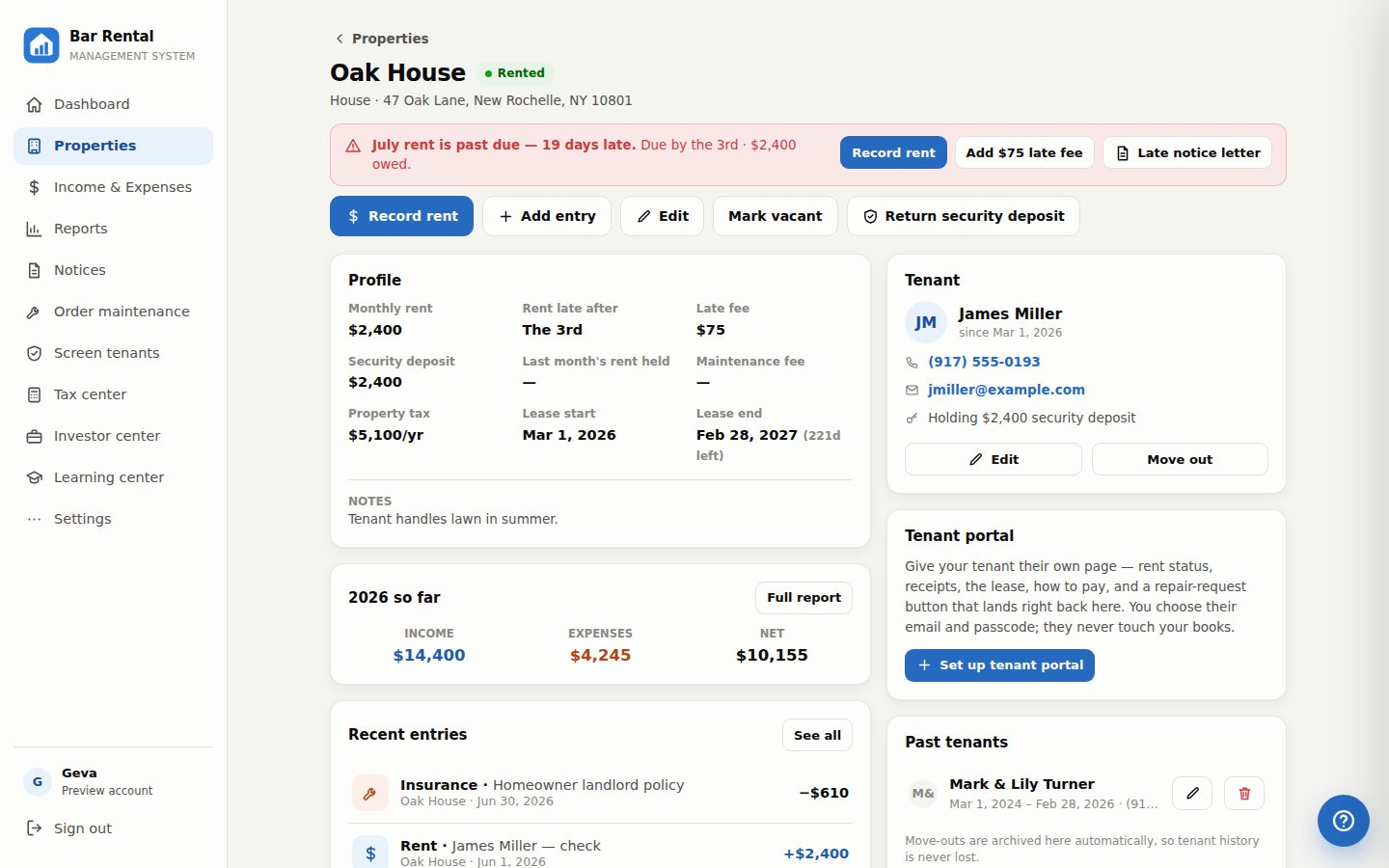 Property page with tenant and documents
