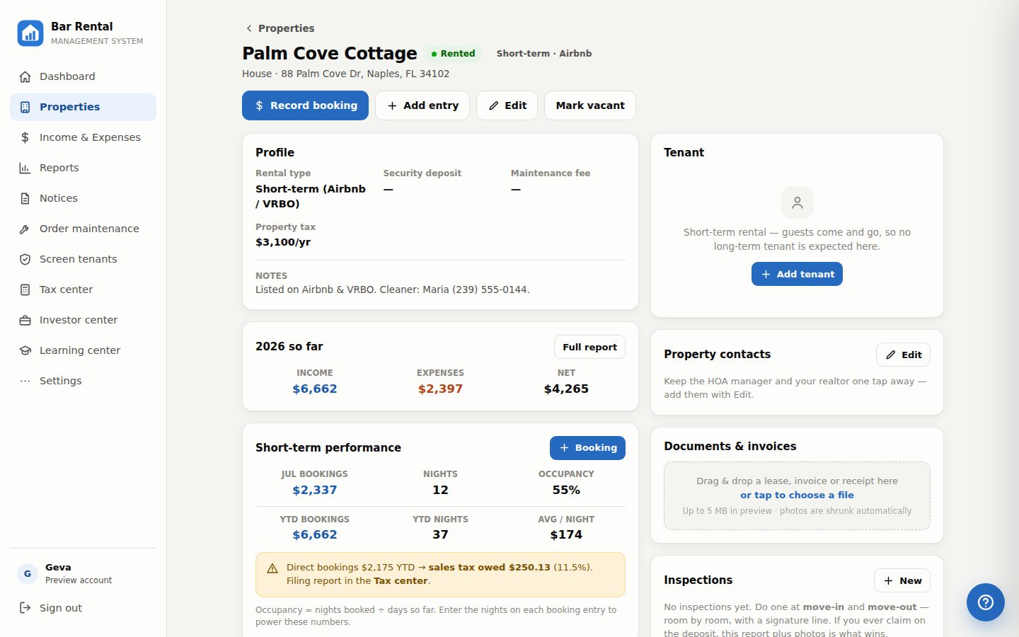 Short-term rental property page with occupancy and booking stats