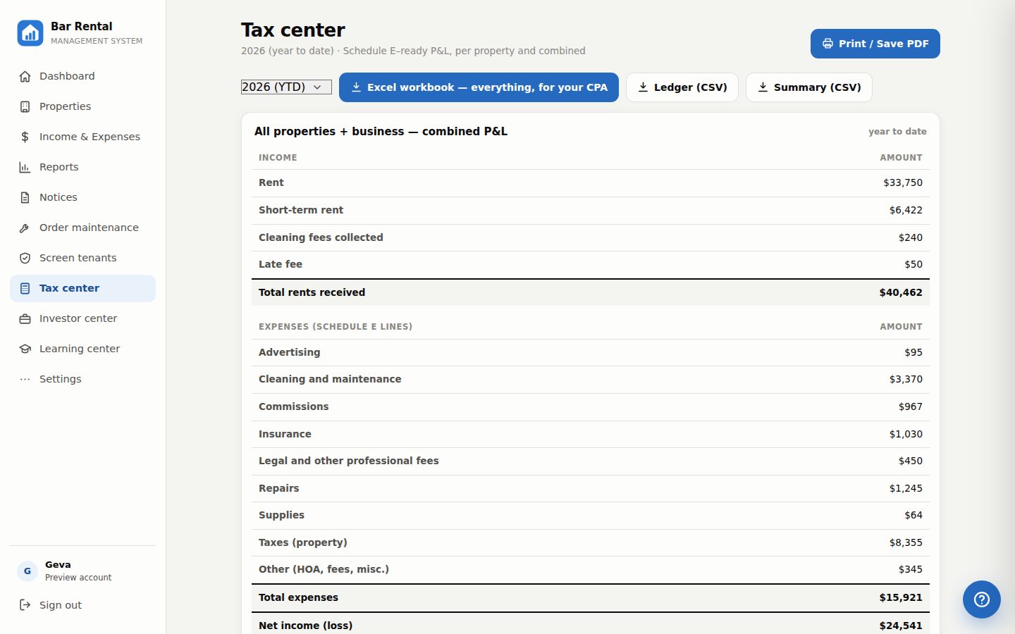 Tax center with Schedule E style P&L and Excel workbook export
